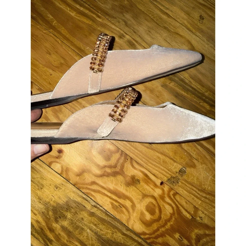 Talbots Sloane Embellished Velvet Mules 6.5 Pink Champagne Rhinestone Old Money